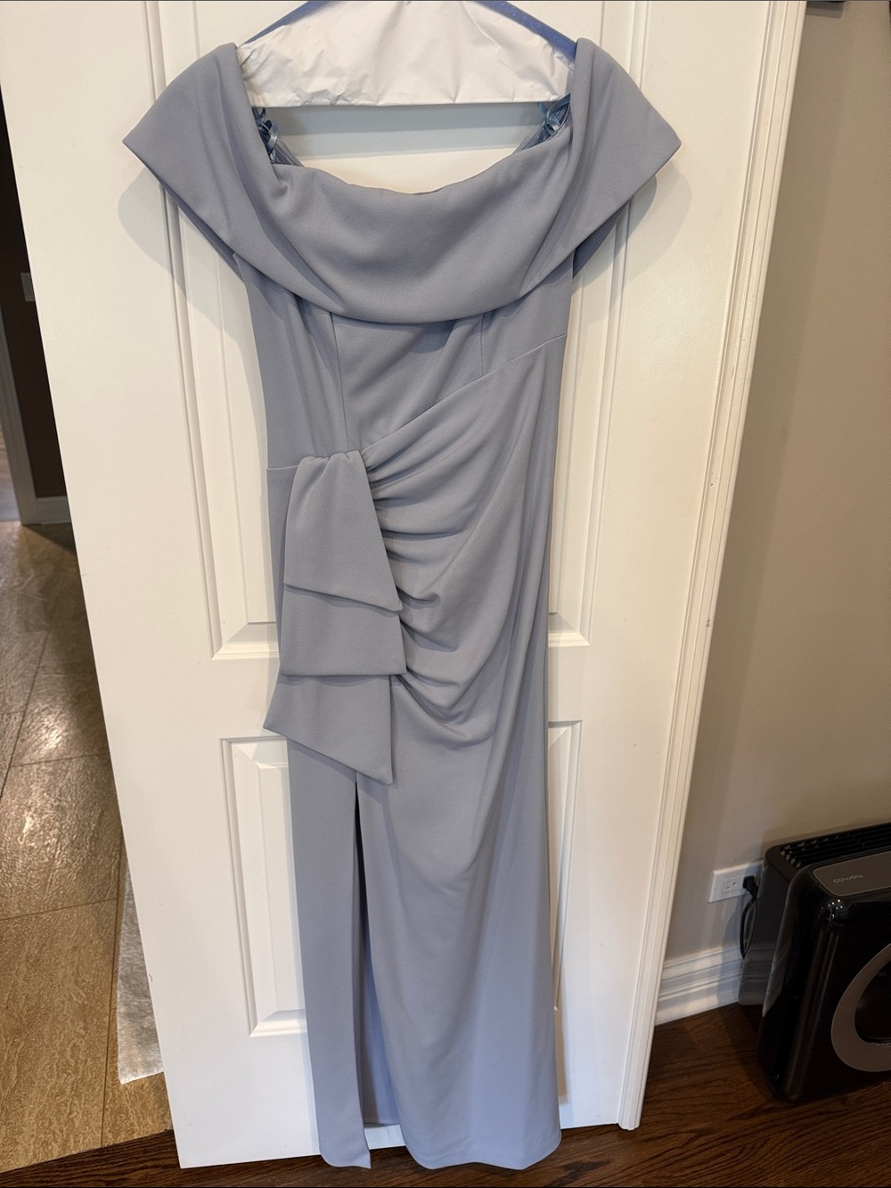 Xscape Light Blue Off-Shoulder Maxi Mother of Groom Gown